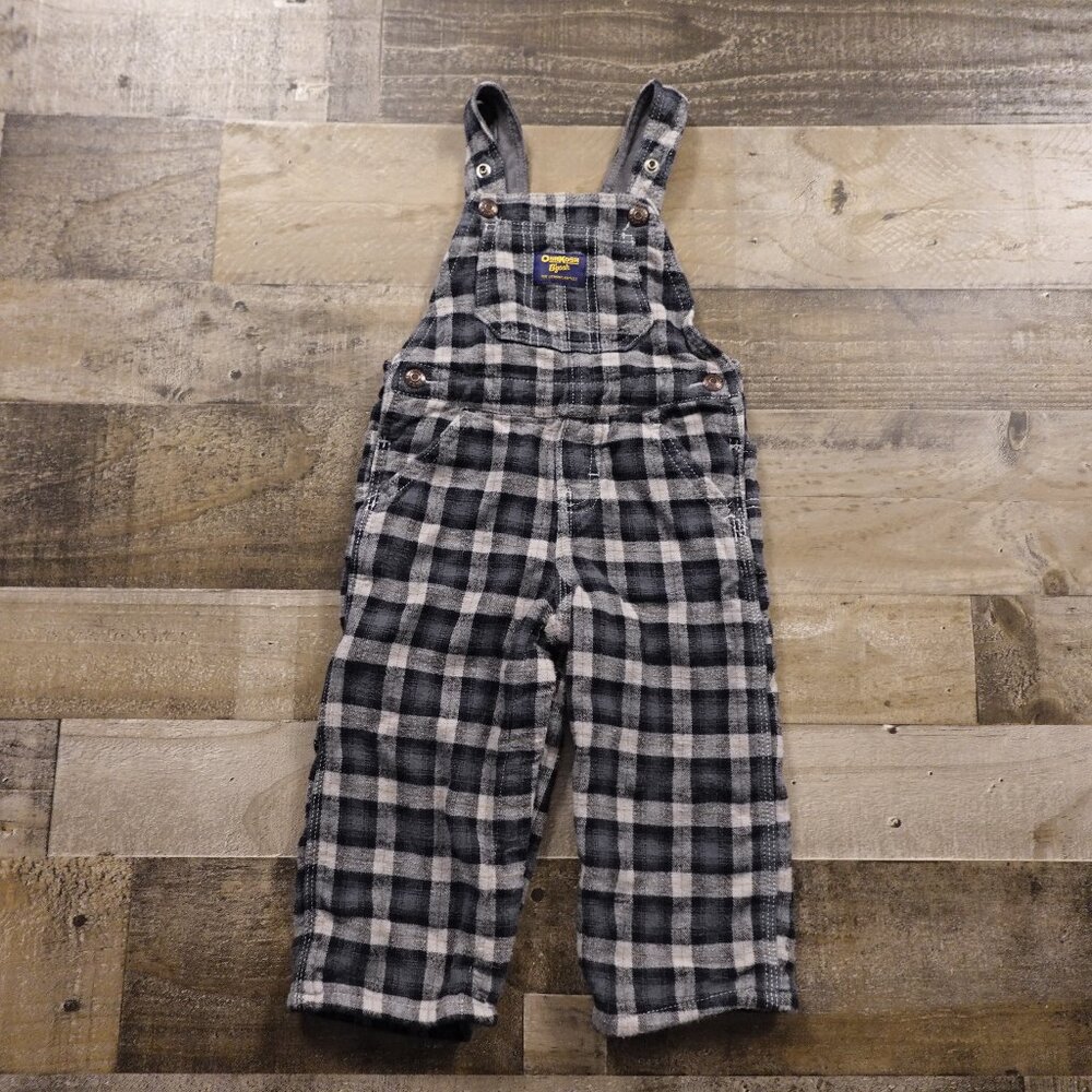 OshKosh B’gosh Flannel Overalls Boys 24M Gray Black Plaid Cotton Lined Cozy